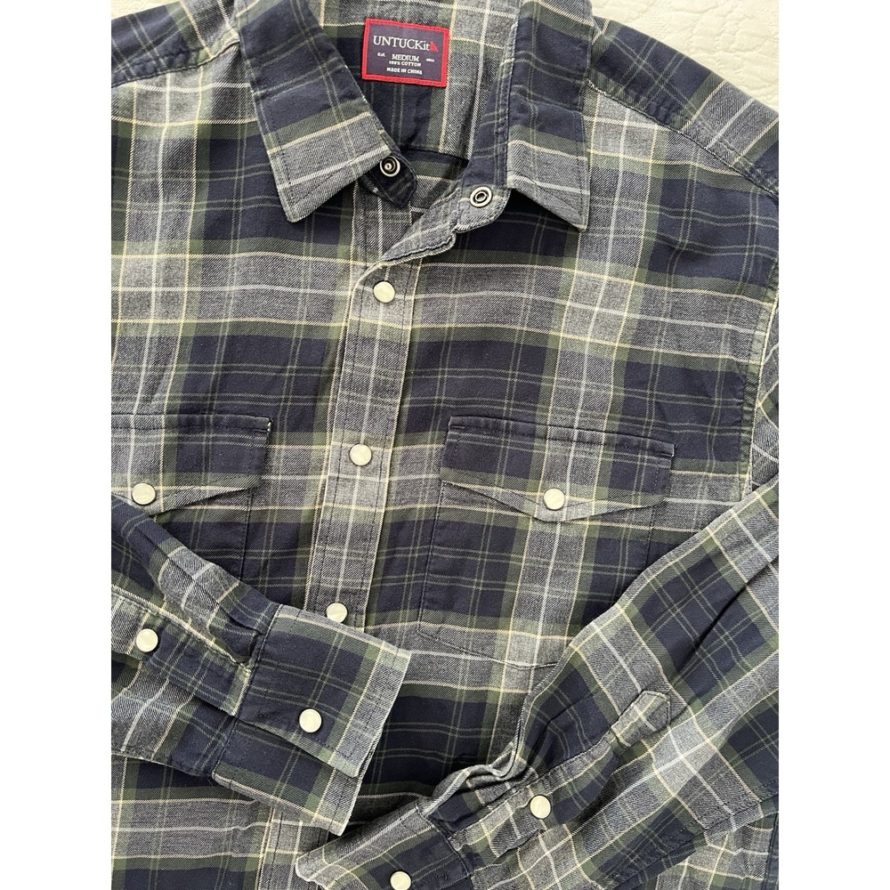 UNTUCKit Pearl Snap Plaid Shirt Mens Medium Blue Green Western Cotton
